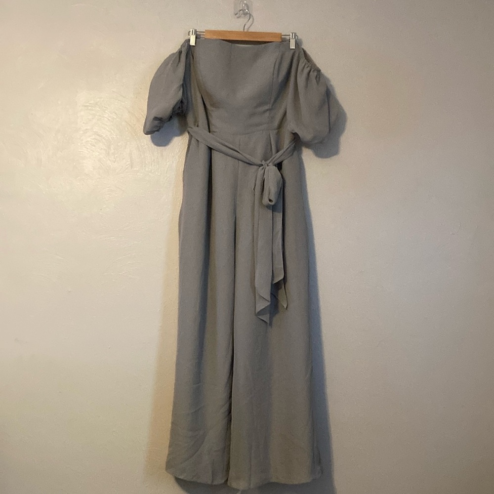 JJs House Silver Wrap Tie Front Puff Sleeve Jumpsuit Plus Size 16W Measurements